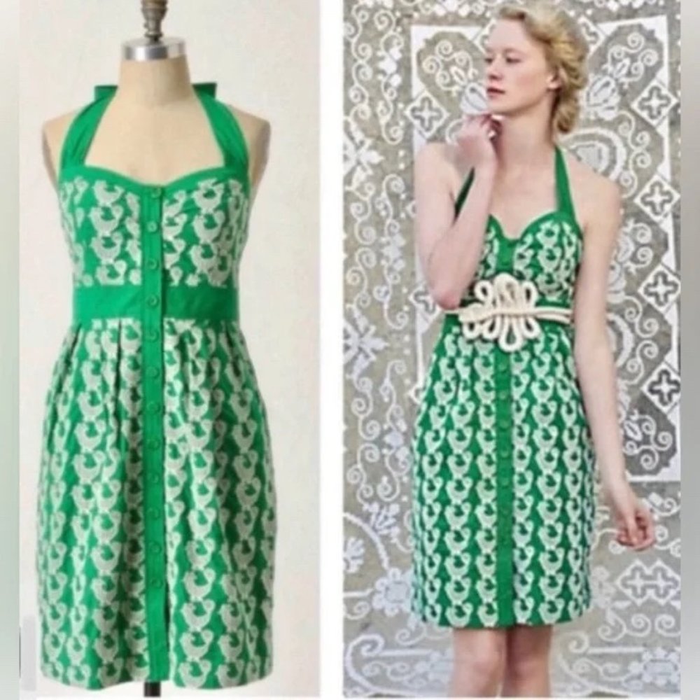 Anthropologie Floreat Cockadoodle Green Rooster Dress